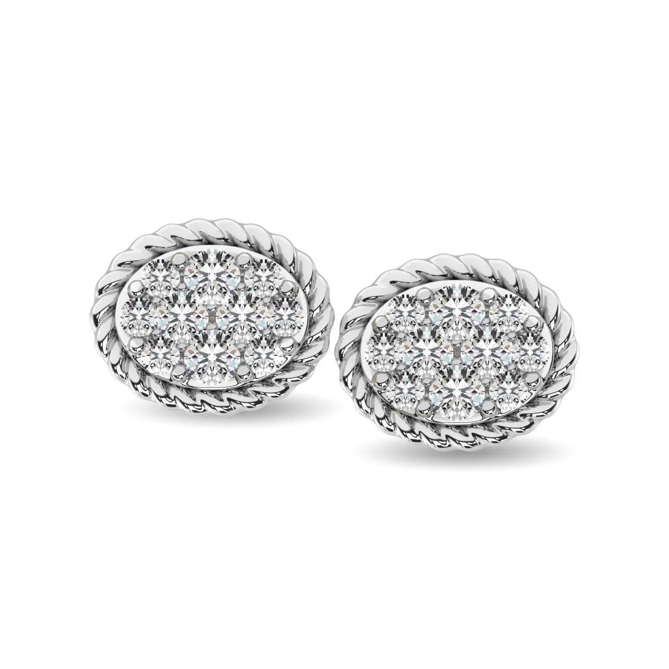 14K White Gold 1/5 Ctw Diamond Oval Flower Stud Earrings