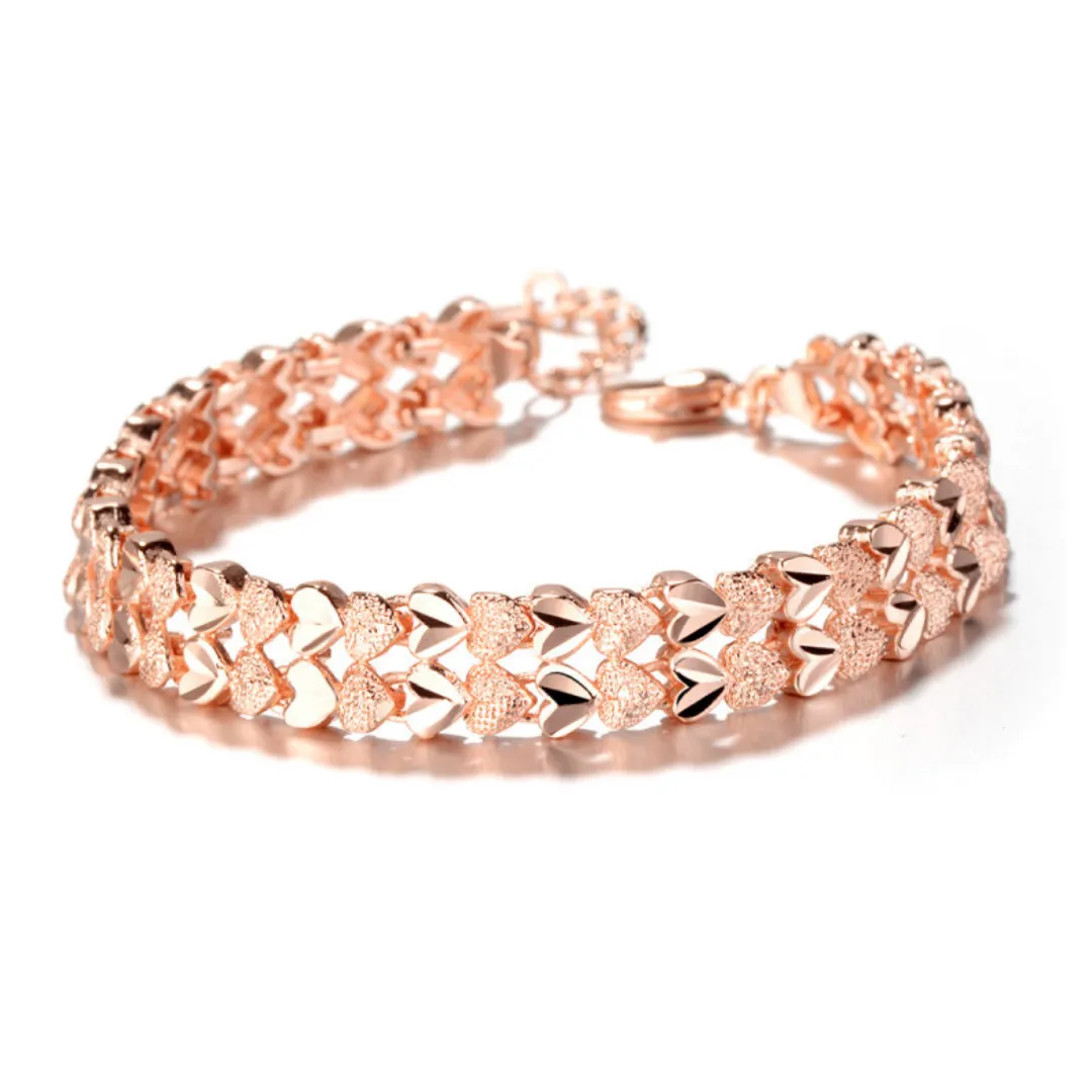 18K White Gold Diamond Cut Two Row Heart Bracelet