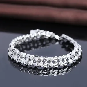18K White Gold Diamond Cut Two Row Heart Bracelet