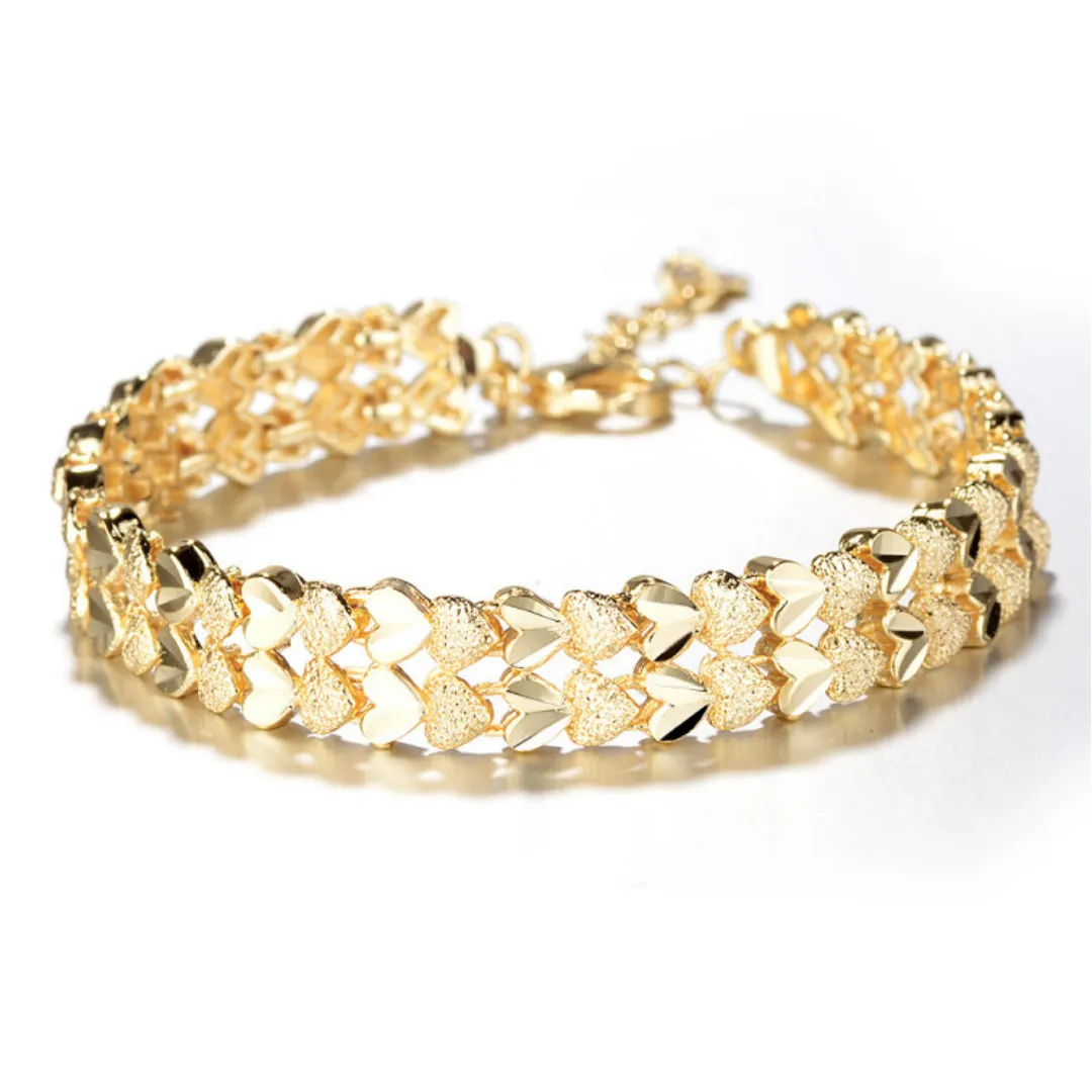 18K White Gold Diamond Cut Two Row Heart Bracelet