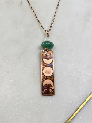 Acid etched copper moon phase necklace with moonstone and aventurine
