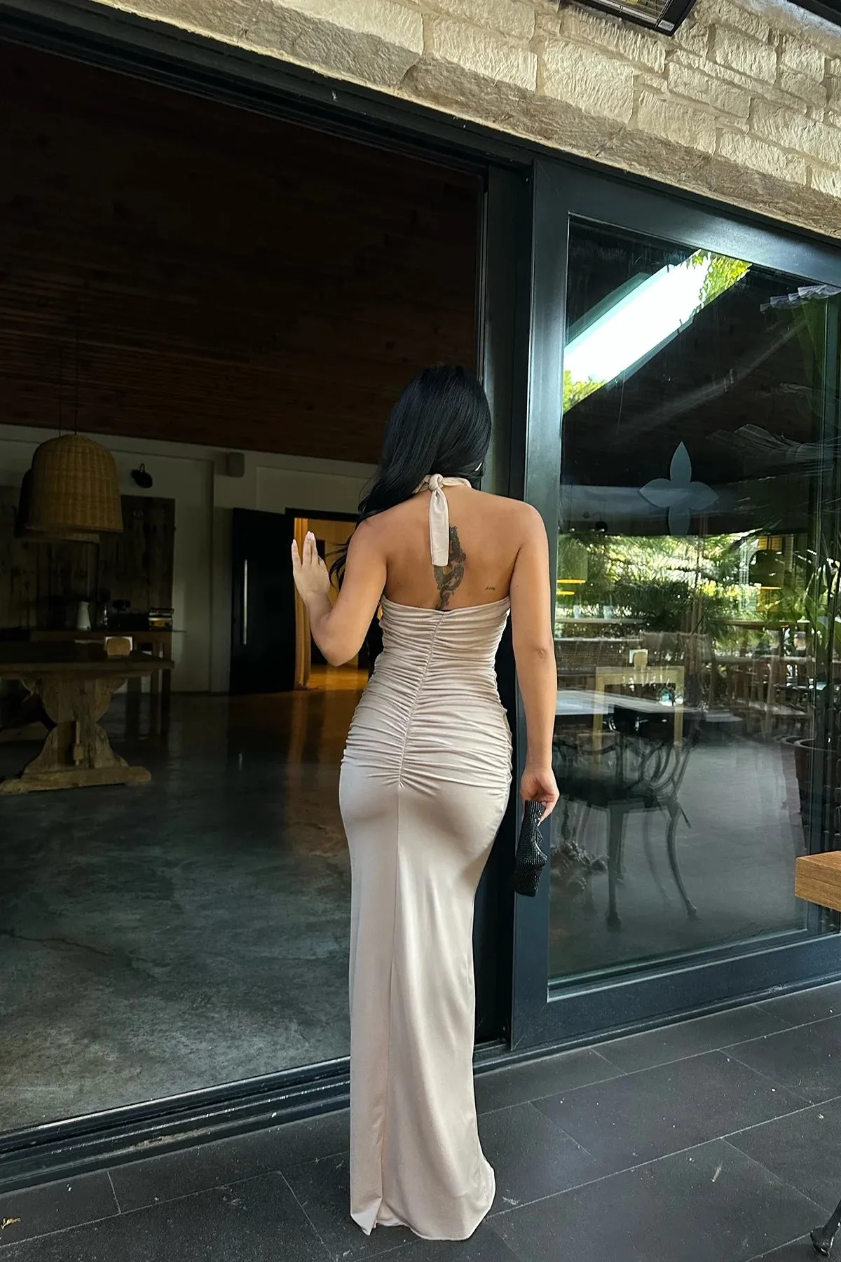 Beige Rose Detail Tied Long Dress