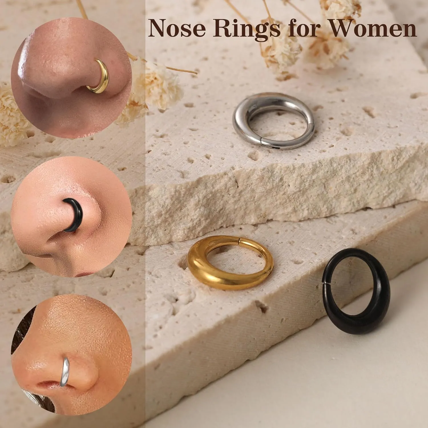 Btysun Nose Rings for Women, Septum Hinged Hoop 16G Nostril Helix Cartilage Earrings, Tragus Rock Conch Lip Daith Piercing Jewelry 8MM 10MM