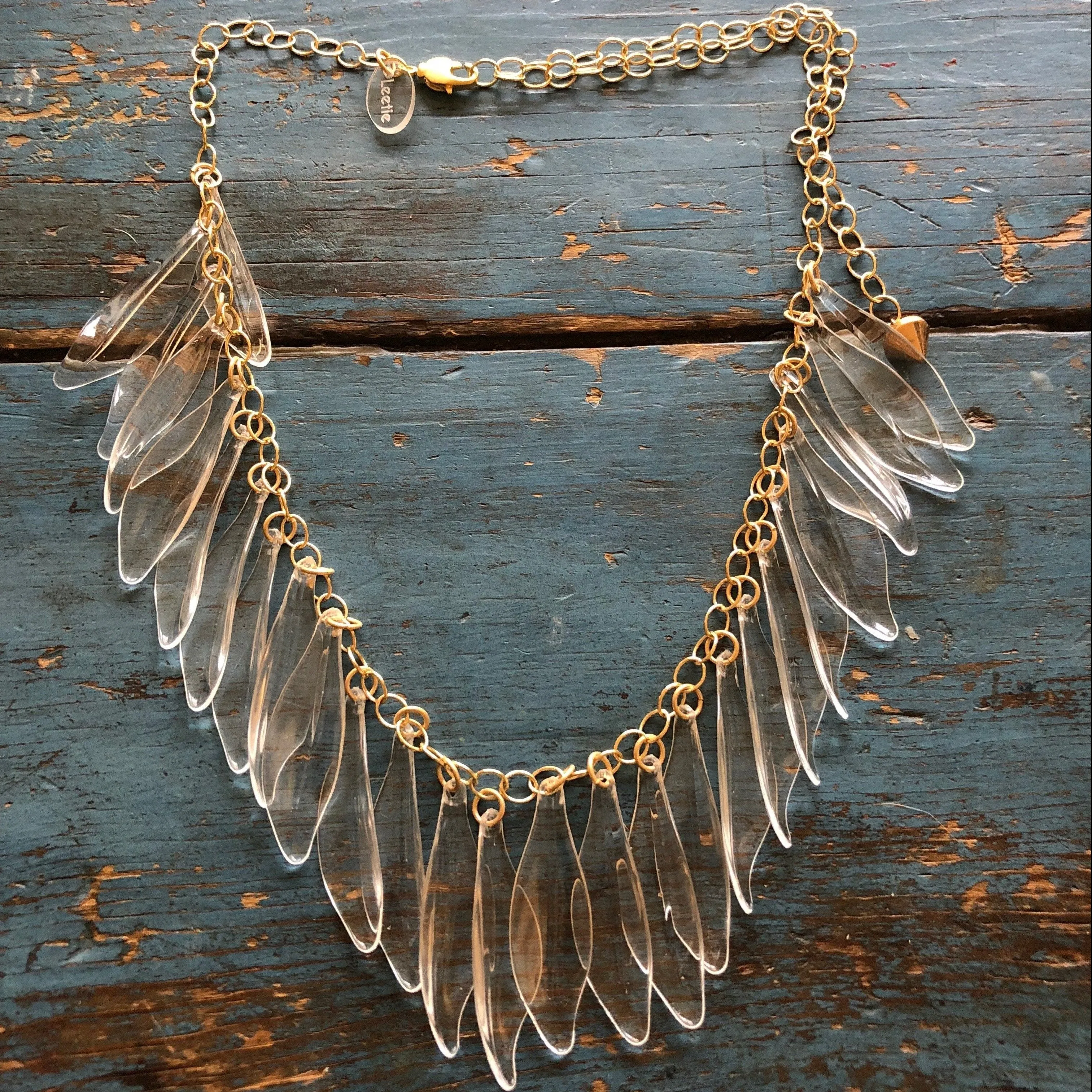 Clear Jingle Leaves Necklace - Adjustable Frosted Gold Chain