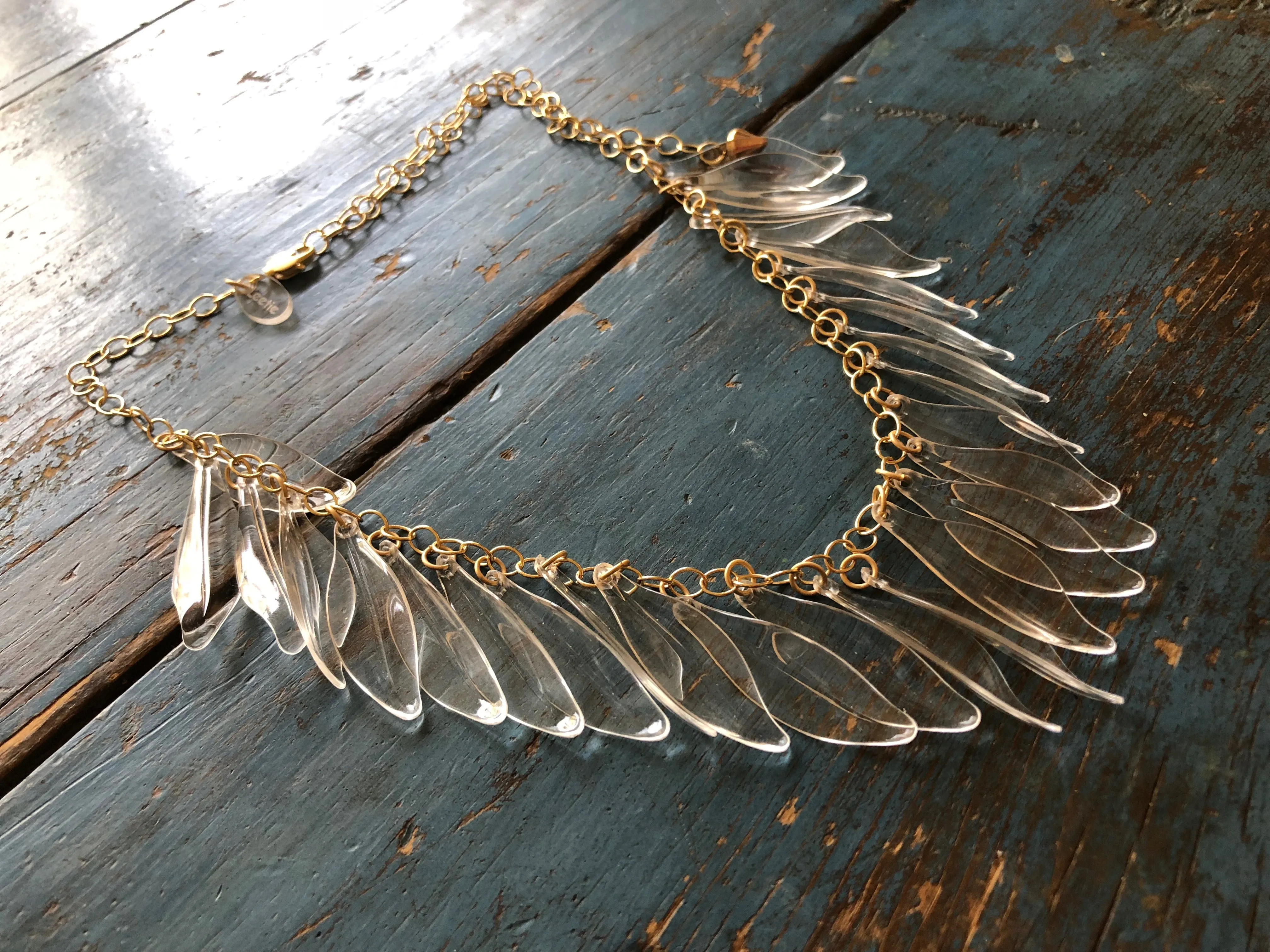 Clear Jingle Leaves Necklace - Adjustable Frosted Gold Chain