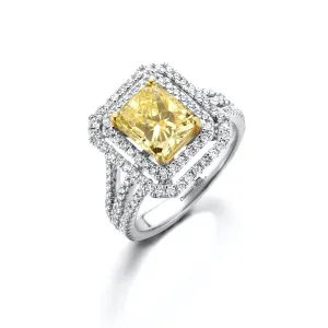 Double Halo Three row sided Fancy Yellow Radiant cut Diamonds Ring
