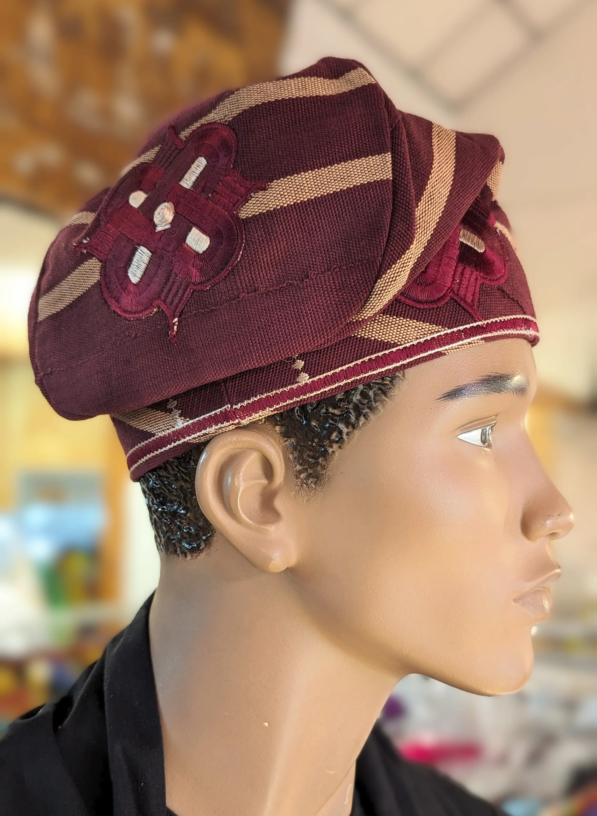 Dupsie's Oriki-Fila Burgundy with Brown Stripe Alaari Nigerian African Burgundy Embroidered Aso Oke Handwoven Fila Kufi Cap Hat DPHABB52