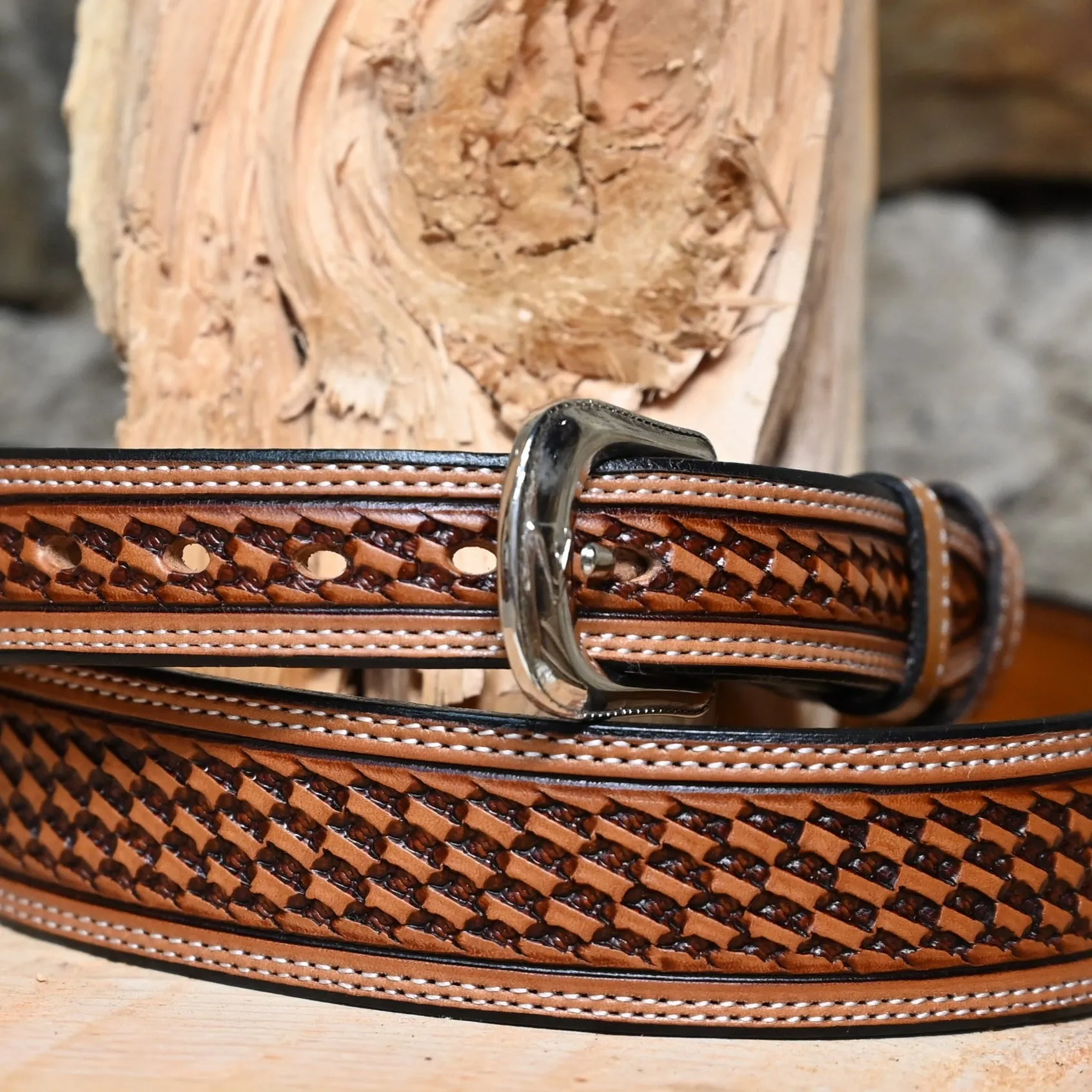 Leather Russet Basket Weave Belt with a Medium Taper