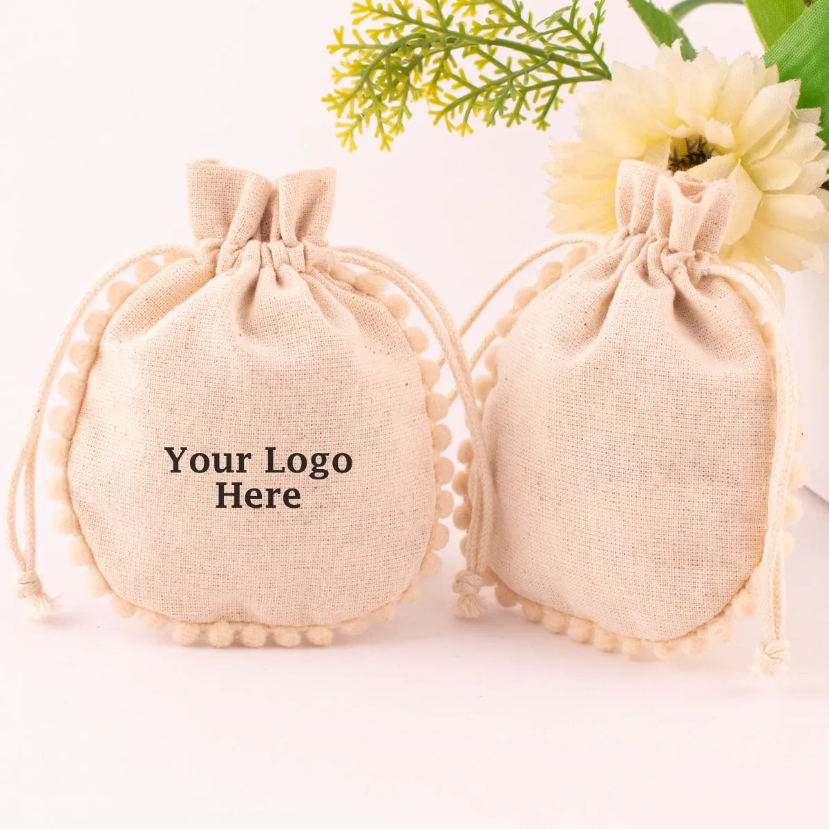 Pack Of 100 Natural Cotton Jewelry Packaging Pouch, Designer Wedding Favor Bags - CraftJaipur