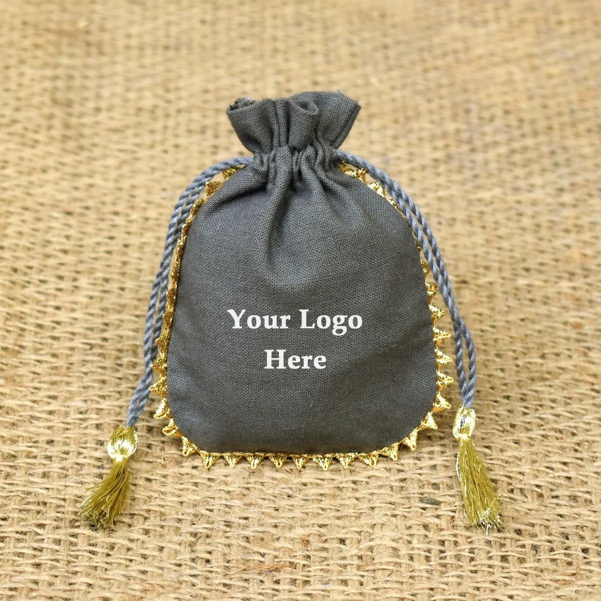 Personalized Logo Small Tassels Bags Round Gold Lace Handmade Jewelry Grey Pouches - CraftJaipur