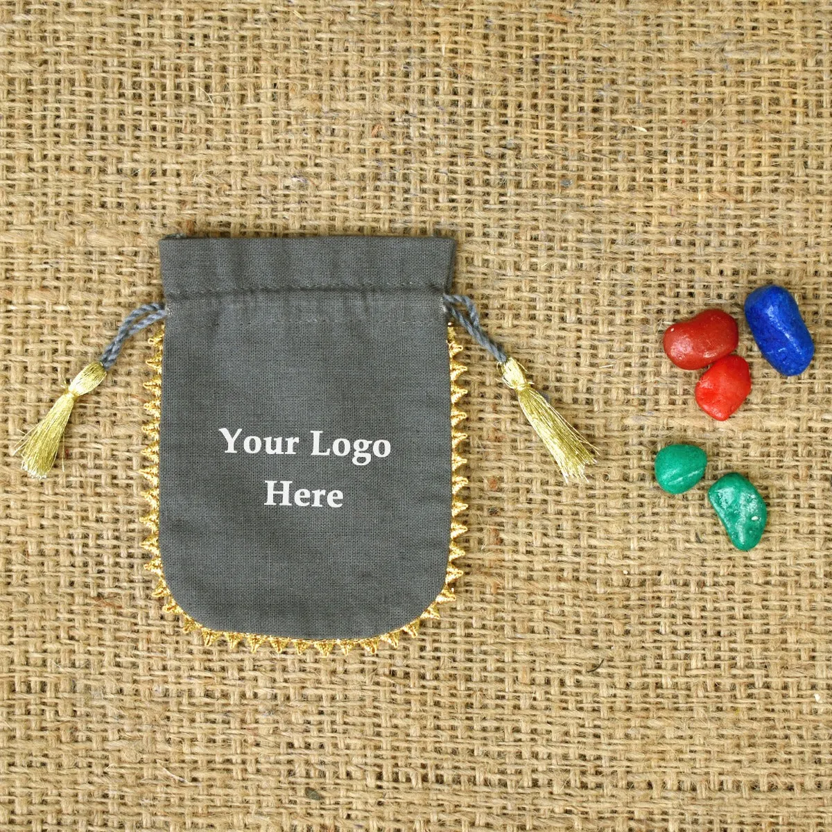 Personalized Logo Small Tassels Bags Round Gold Lace Handmade Jewelry Grey Pouches - CraftJaipur