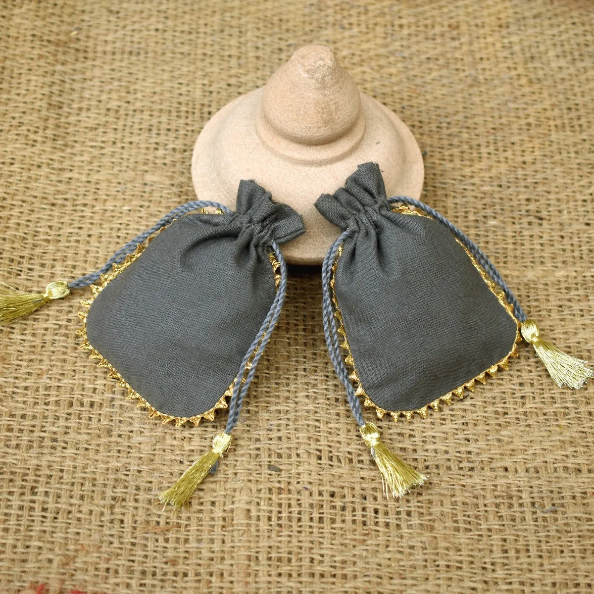 Personalized Logo Small Tassels Bags Round Gold Lace Handmade Jewelry Grey Pouches - CraftJaipur