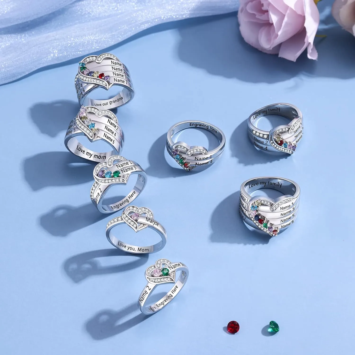 Personalized Mothers Rings Birthstones Rings for Women with 1-8 Names Sterling Silver Promise Ring for Her Gifts for Mom Wife Grandma Nana Birthday Anniversary Christmas