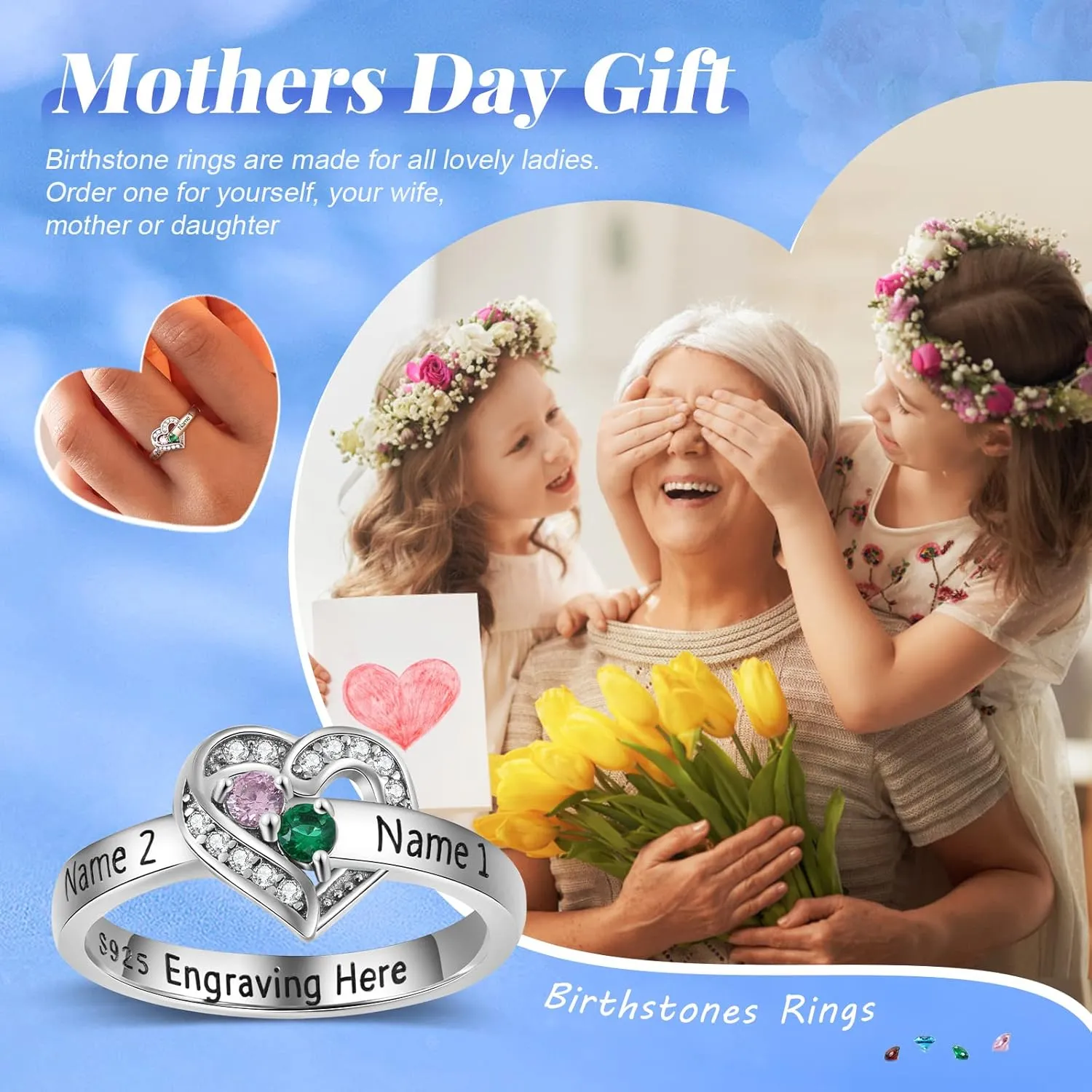 Personalized Mothers Rings Birthstones Rings for Women with 1-8 Names Sterling Silver Promise Ring for Her Gifts for Mom Wife Grandma Nana Birthday Anniversary Christmas