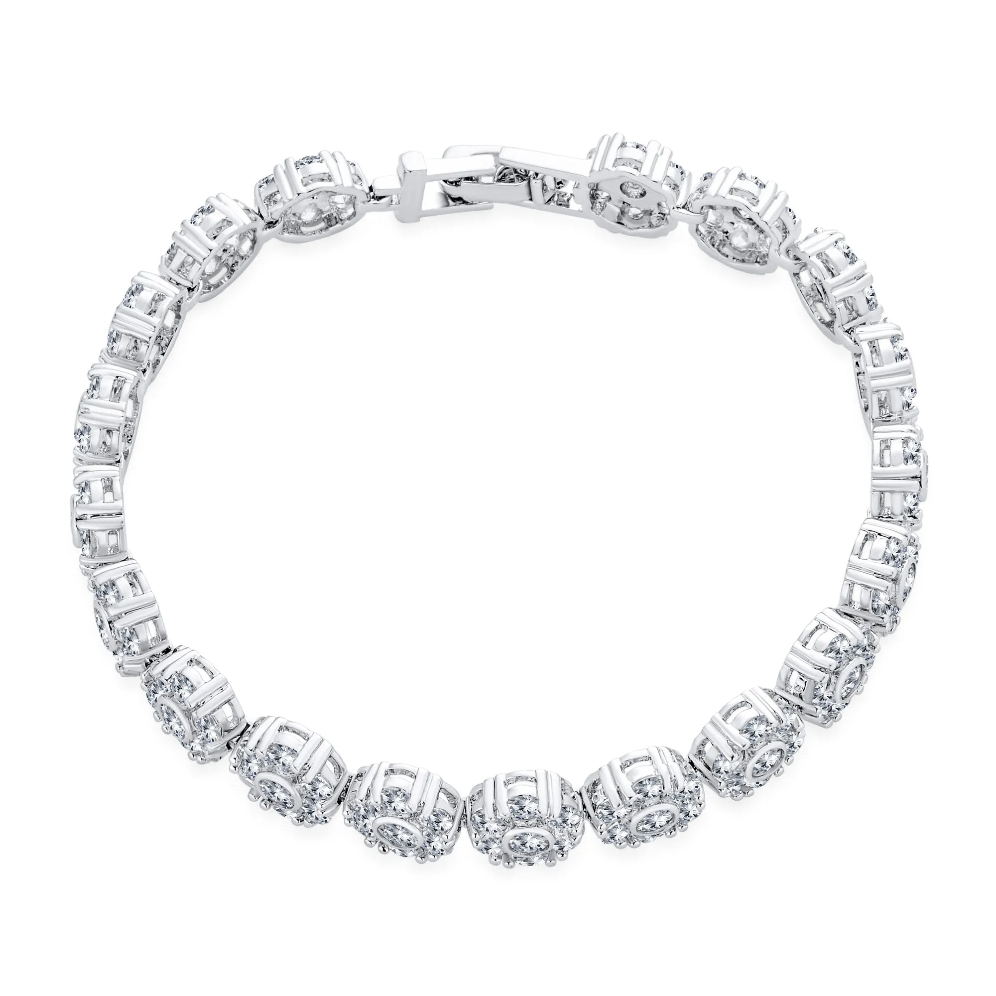 Romantic Vintage Style CZ Rose Flower Tennis Bracelet Silver Plated Bridal Jewelry