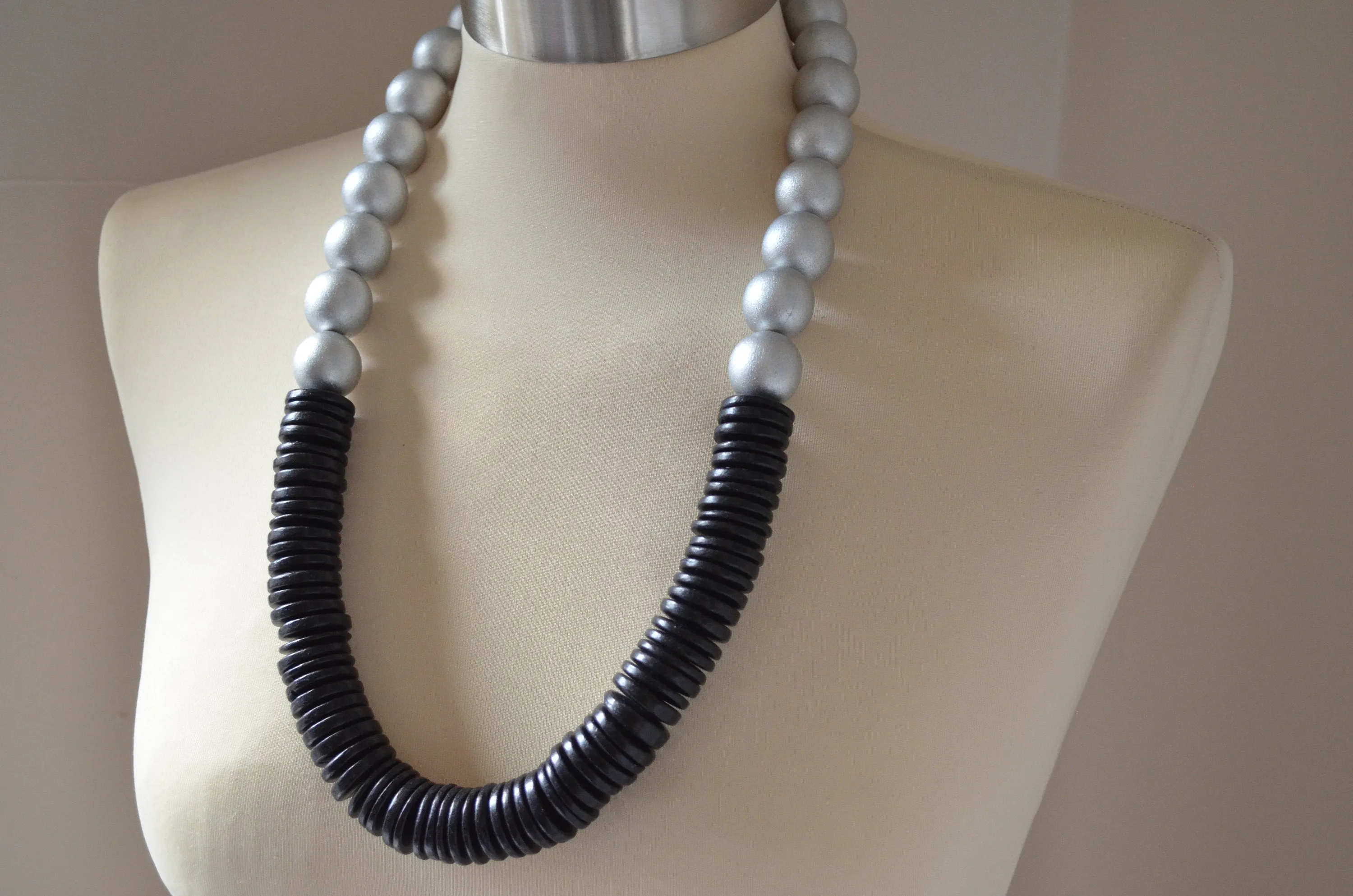 Silver Black Wood Chunky Long Womens Boho Statement Necklace - Elena