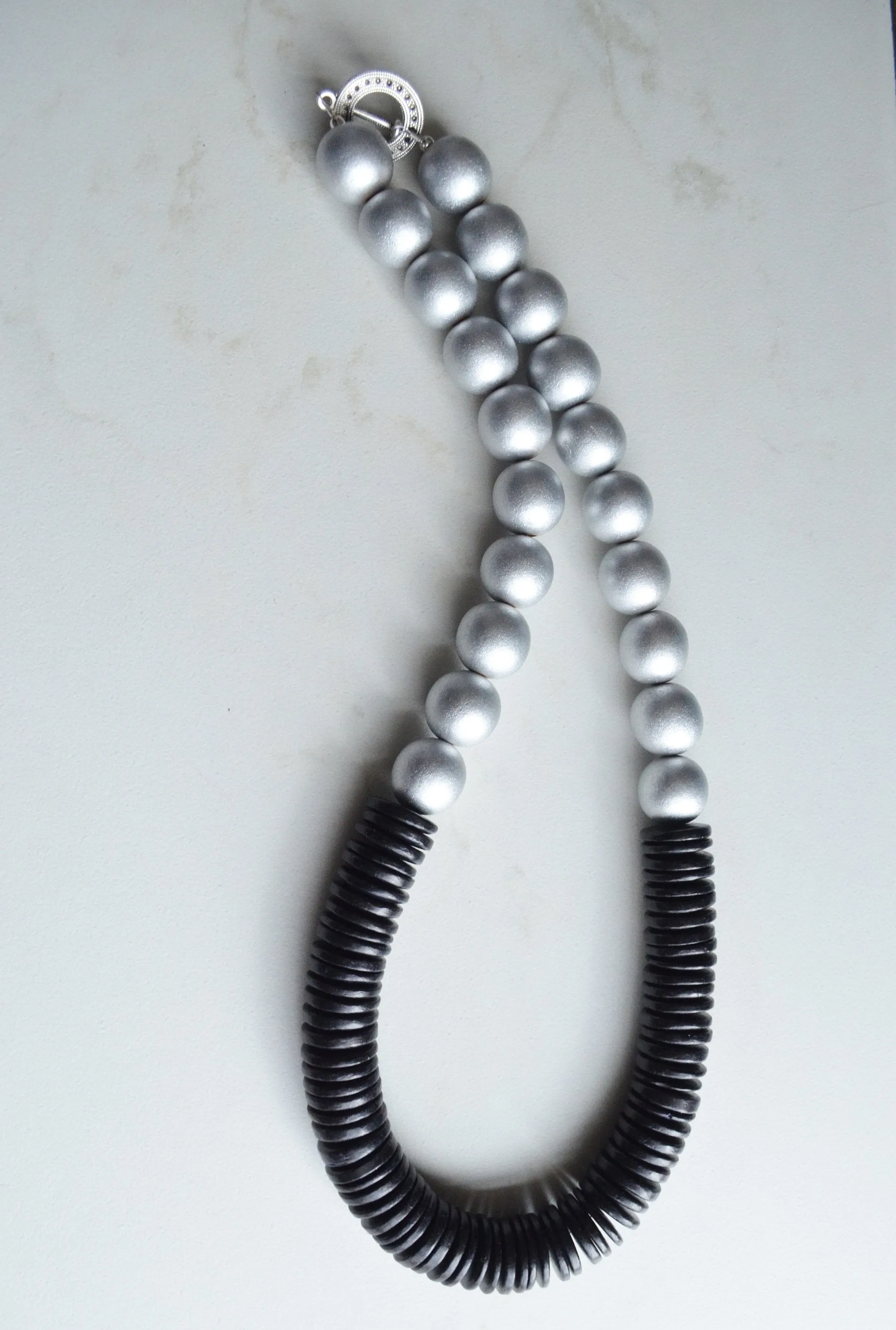 Silver Black Wood Chunky Long Womens Boho Statement Necklace - Elena