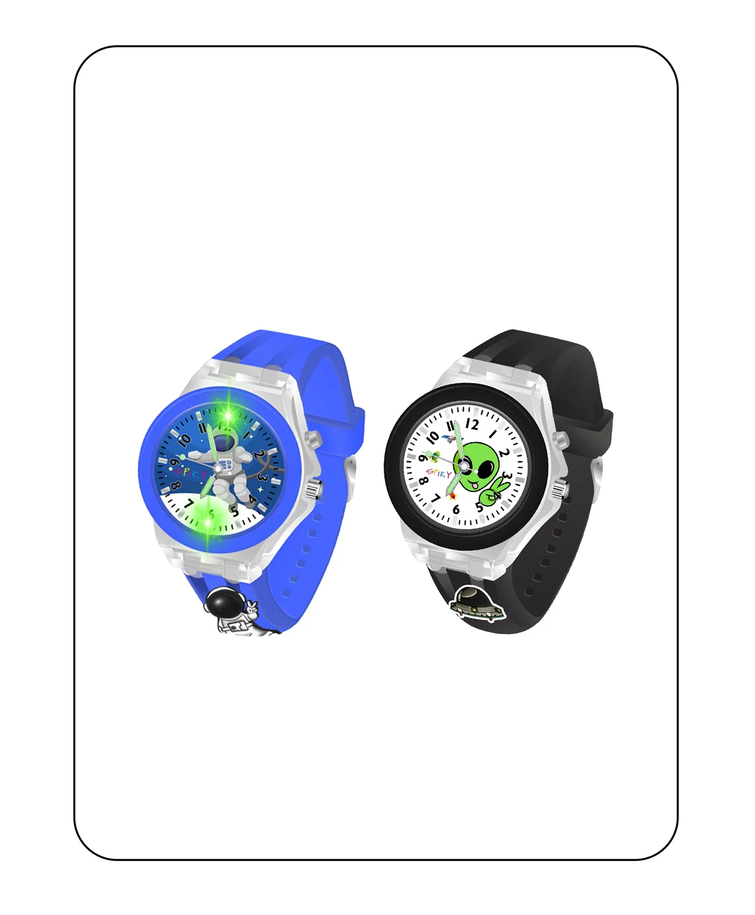 Spiky 3D Astronaut & Spaceship Cartoon Analog Light Watch Combo - Black & Blue