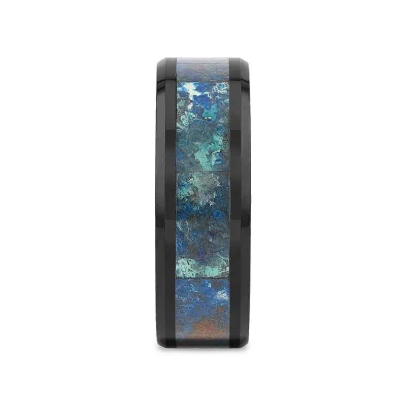 Thorsten CELADON Black Beveled Ceramic Wedding Band with Polished Chrysocolla Inlay - 8mm