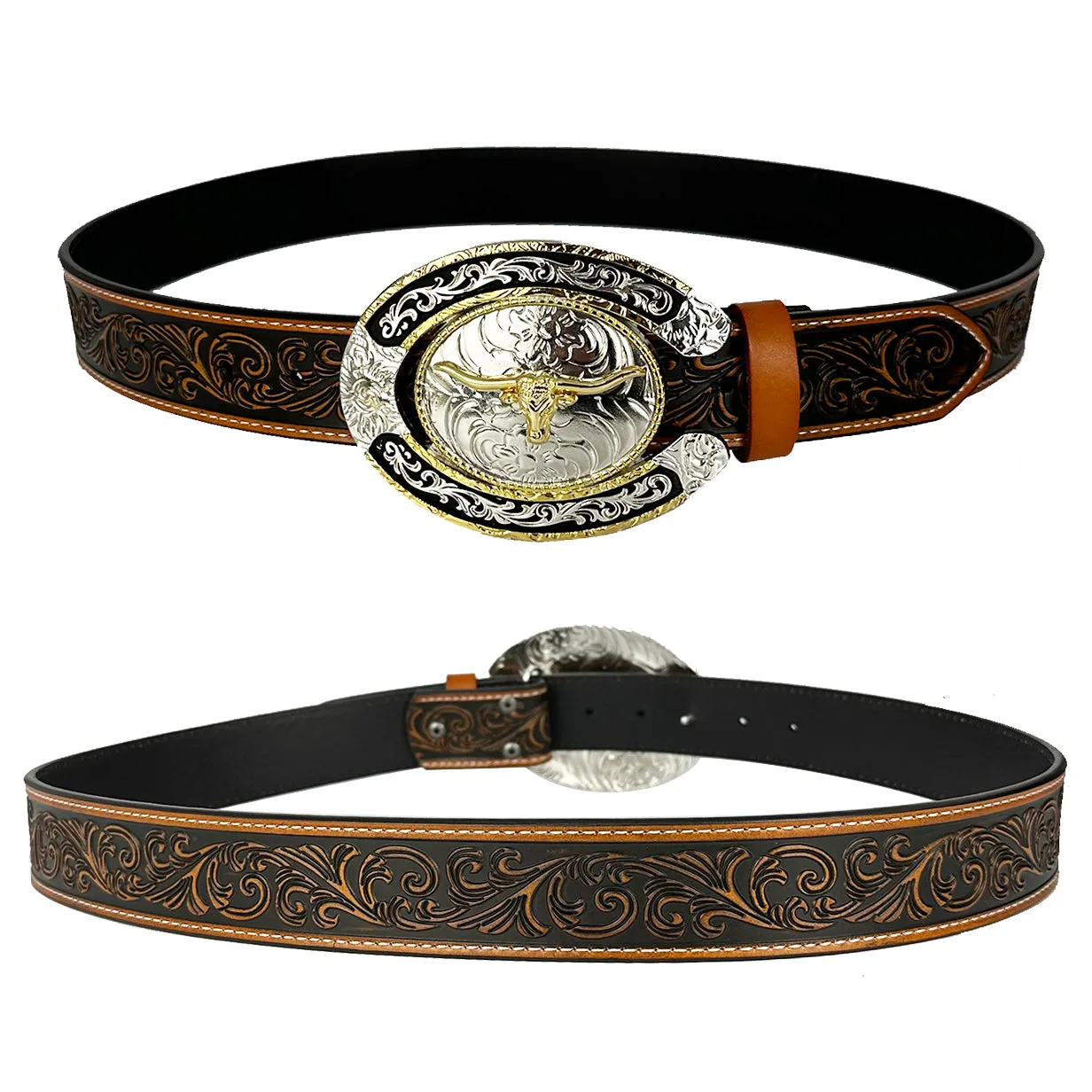 TOPACC Western Genuine Leather Pattern Tooled Belt - Two Tone Horseshoe Longhorn Bull Buckle