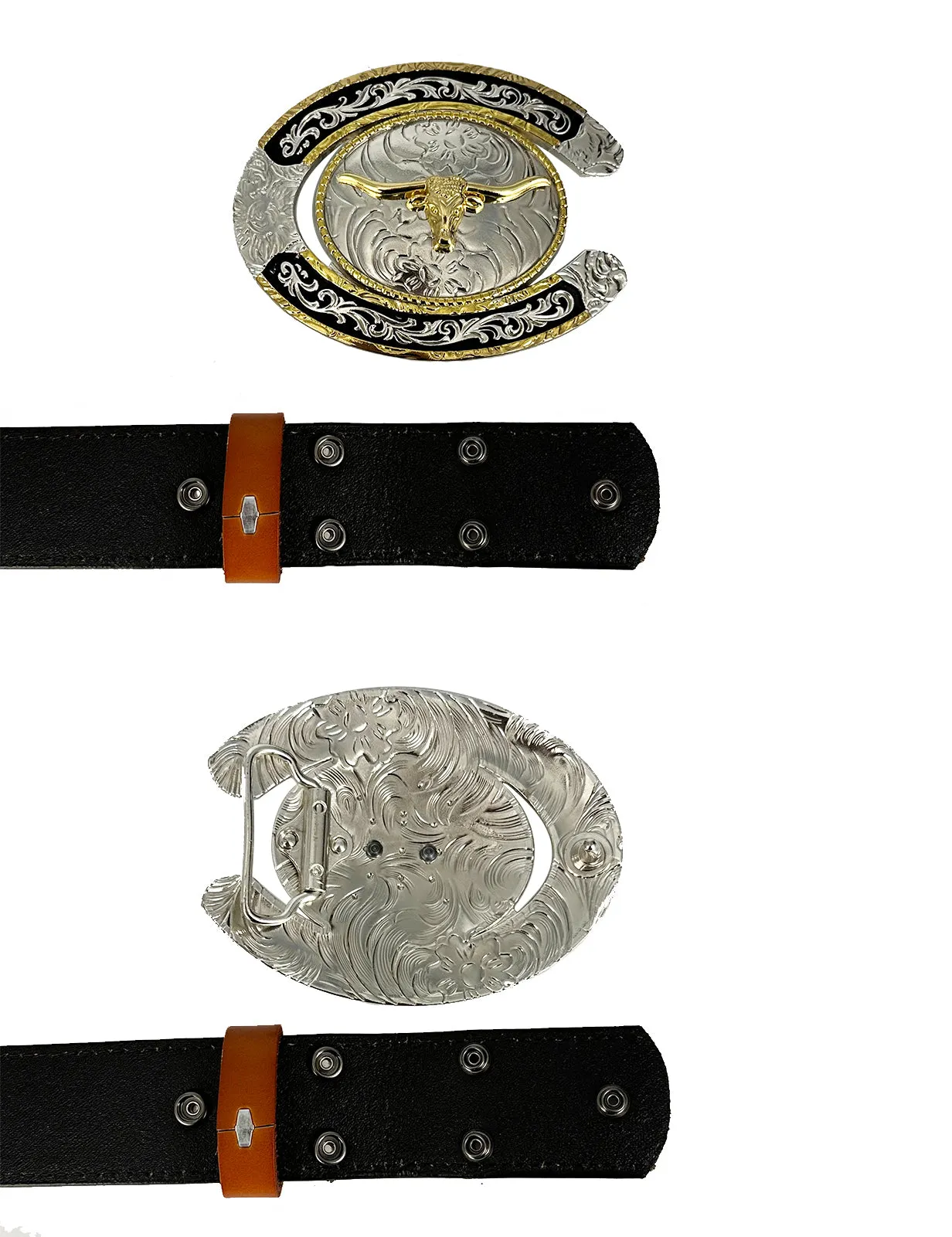 TOPACC Western Genuine Leather Pattern Tooled Belt - Two Tone Horseshoe Longhorn Bull Buckle