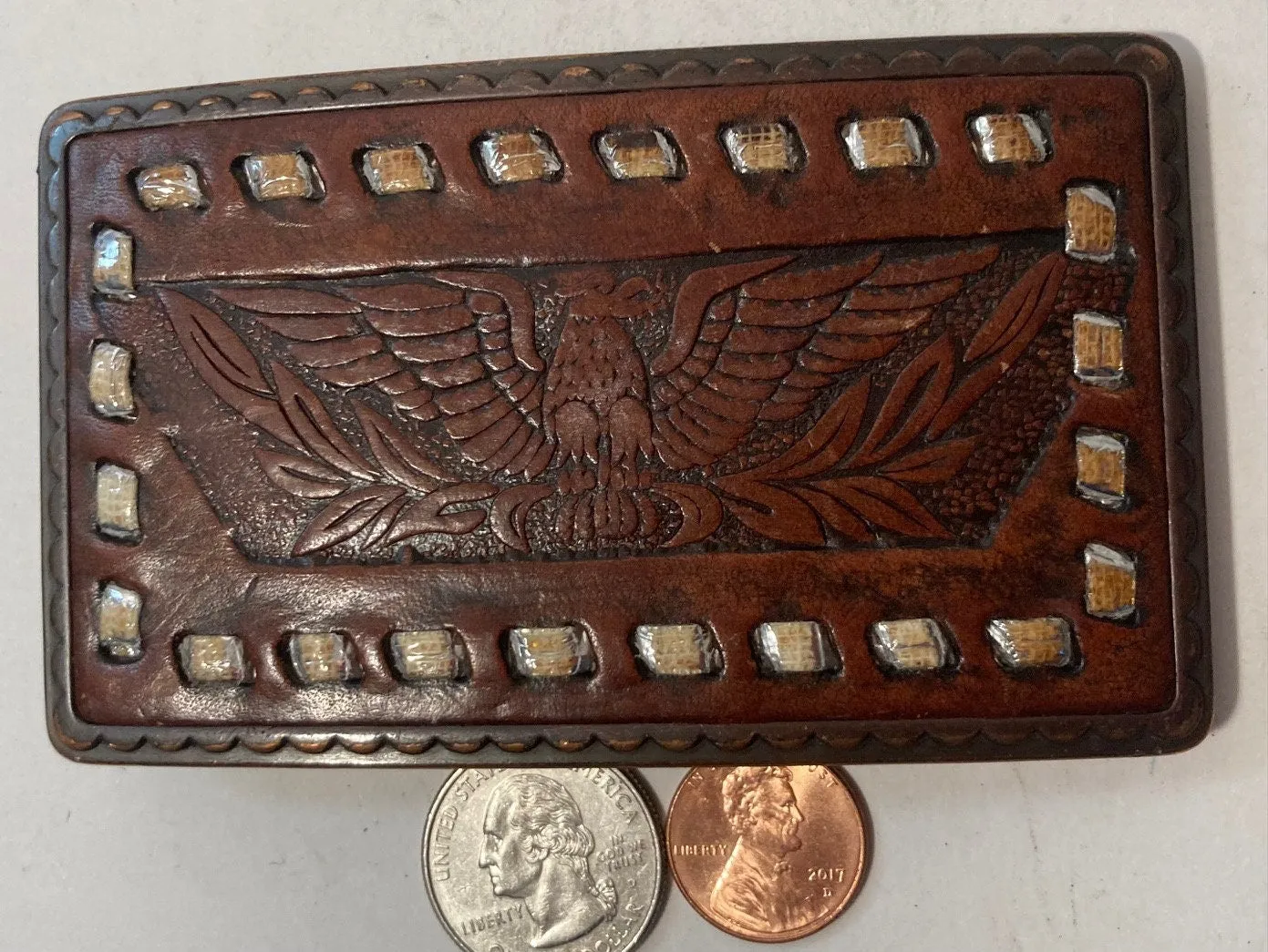 Vintage Metal Belt Buckle, Leather Eagle, Nice Western Design, 4 1/4" x 2 1/2", Heavy Duty, Quality, Thick Metal, Made in USA