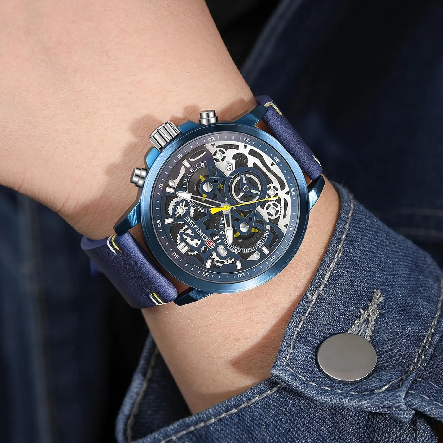 Watches for Men Business Chronograph Big Face Skeleton Quartz Watch Dress Classic Luminous Analog Calendar Waterproof Wristwatch for Leather Strap