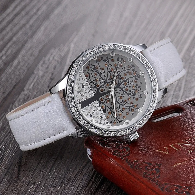 Woman Fashion Watch SKONE Brand Clock Genuine Leather Watch Imitation Diamond Watch Tree Design Dress watch