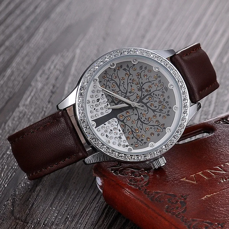 Woman Fashion Watch SKONE Brand Clock Genuine Leather Watch Imitation Diamond Watch Tree Design Dress watch