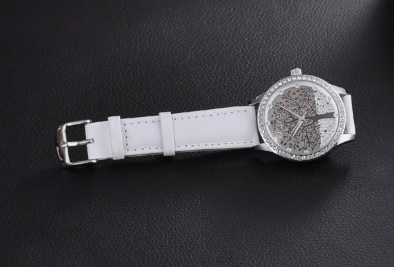 Woman Fashion Watch SKONE Brand Clock Genuine Leather Watch Imitation Diamond Watch Tree Design Dress watch