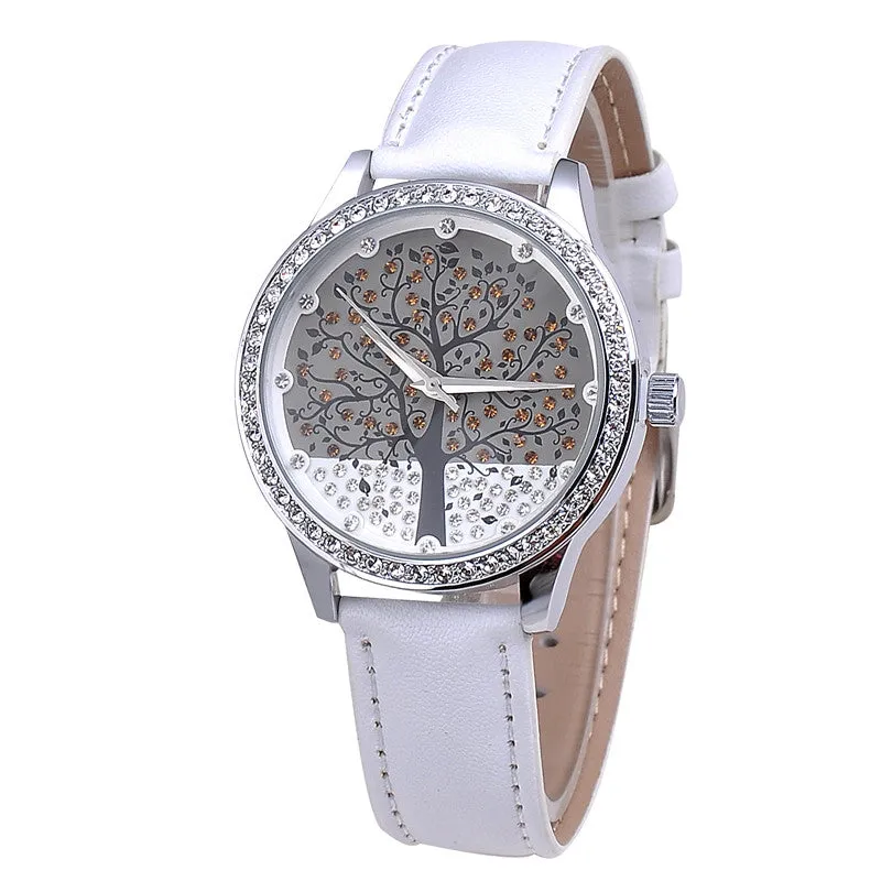 Woman Fashion Watch SKONE Brand Clock Genuine Leather Watch Imitation Diamond Watch Tree Design Dress watch